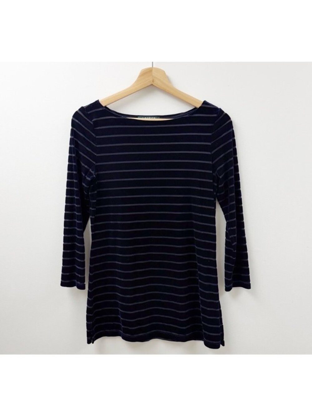Ralph Lauren Navy Blue Stripe Sculptured Burnout Velvet Tunic Top Sz S Petite
